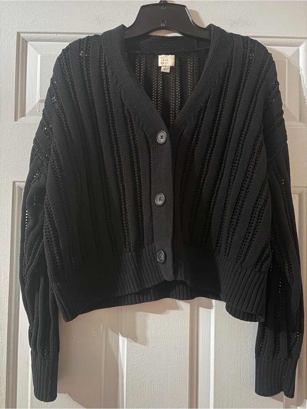 A New Day Black Open-Knit v-neck Button Front Women's Cardigan
